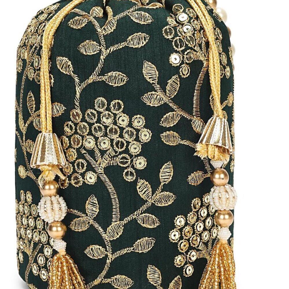 Ethnic Women Potli Bag Silk Green Drawstring Pearl Handle Party Wedding